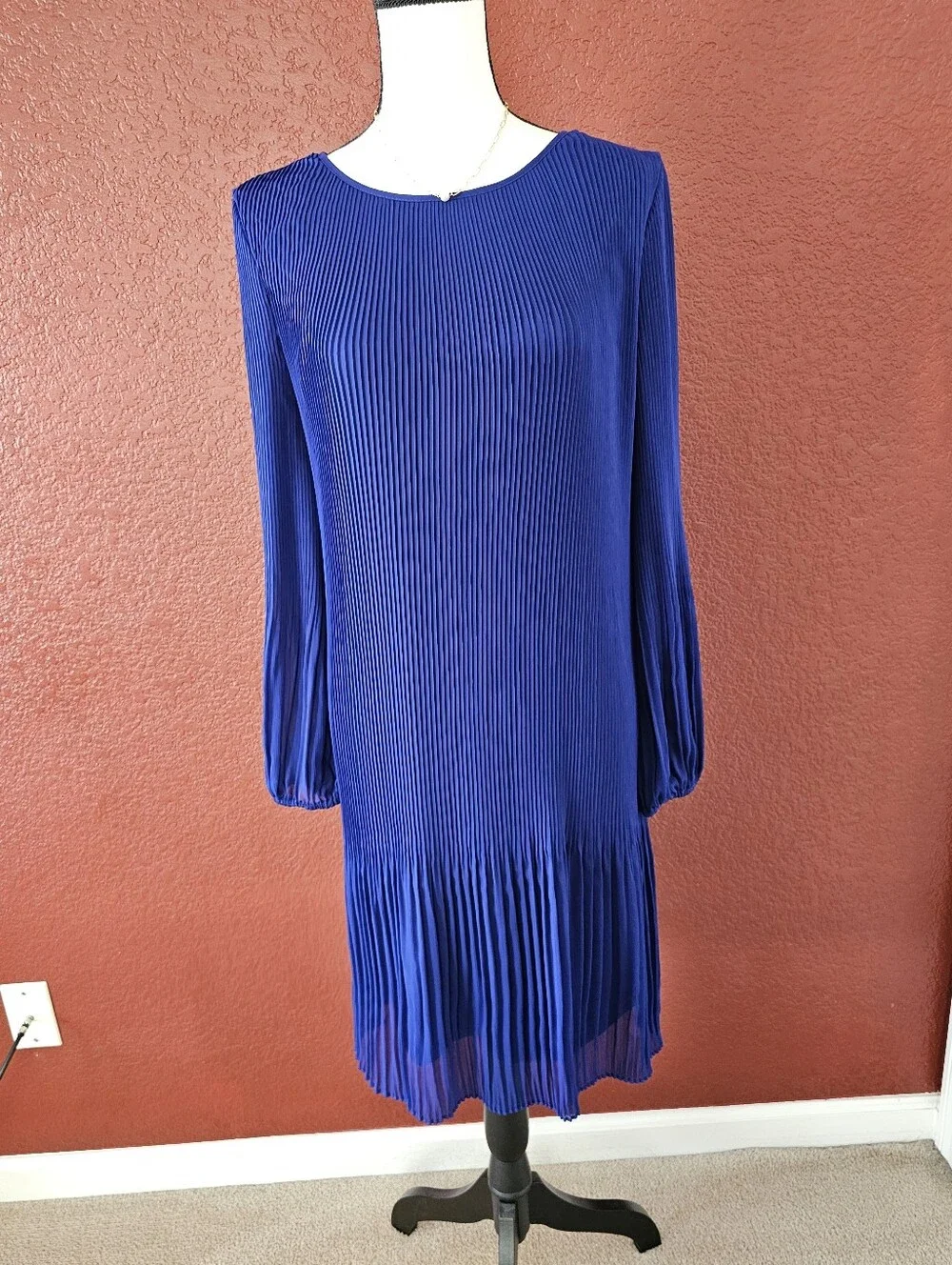 DKNY Cobalt Blue Pleated Long-Sleeve Shift Dress - Picture 2 of 11